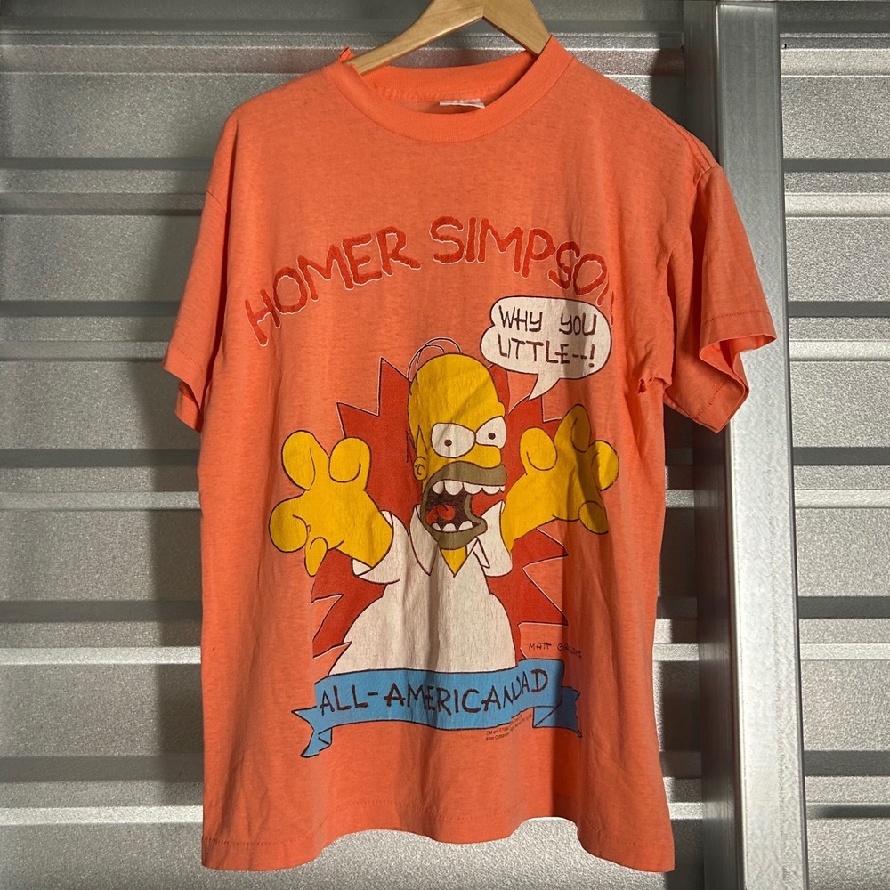 Vintage 1990 Homer Simpson All-American Dad T-Shirt Orange Single Stitch L SSI